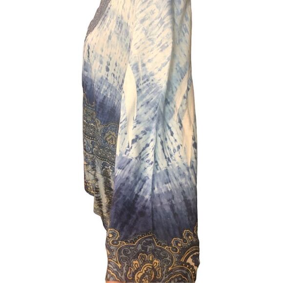 ENERGIE BLUE MULTICOLOR With LACE 3/4 SLEEVE SHARK BITE HEM EMBELLISHED pullover - Picture 4 of 13